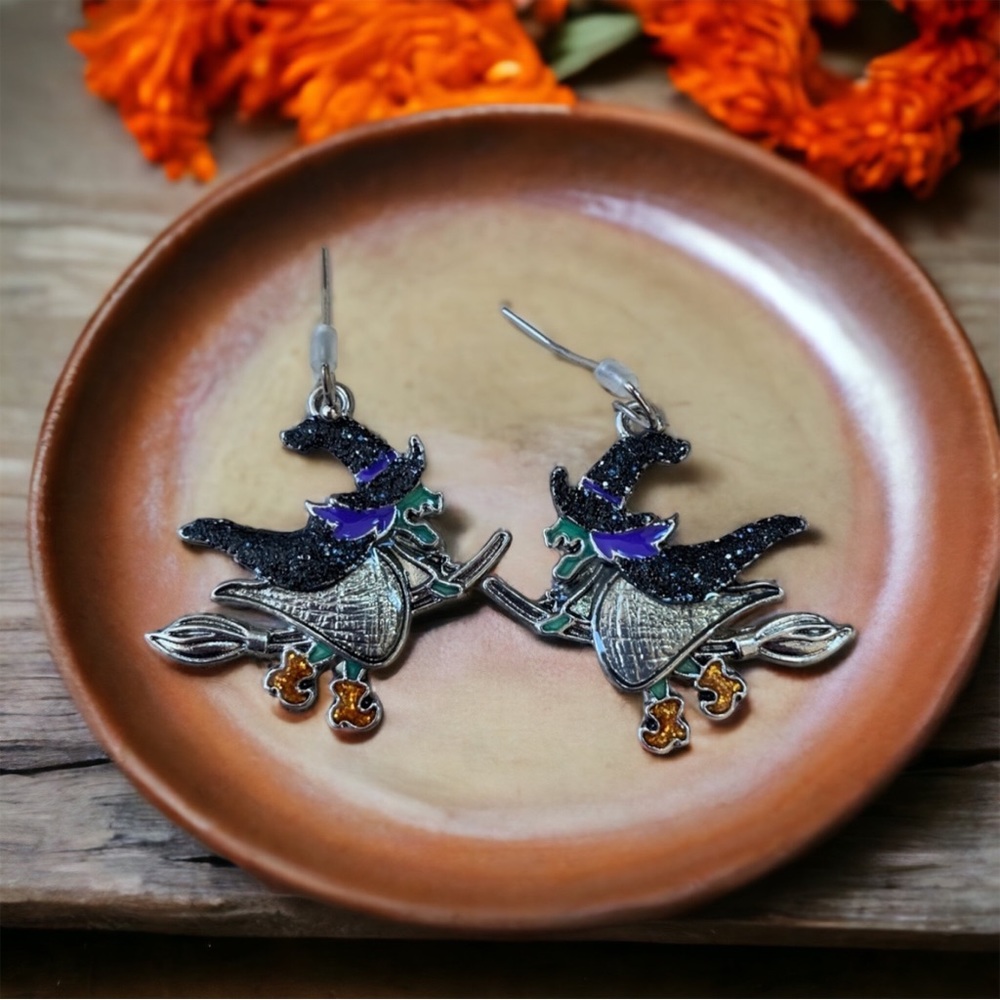 Adorable retro metal flying glitter witch pierced painted enameled earrings